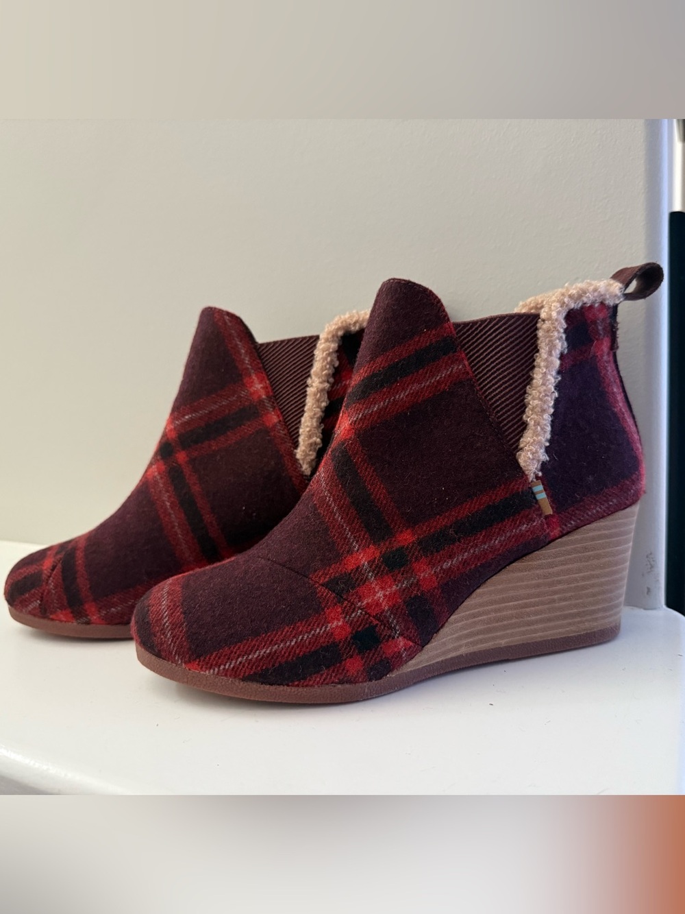 Toms Burgundy Plaid Wedge Ankle Boots